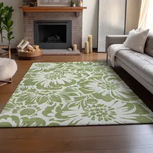 Photo of Fern Green And Ivory Floral Washable Area Rug With UV Protection