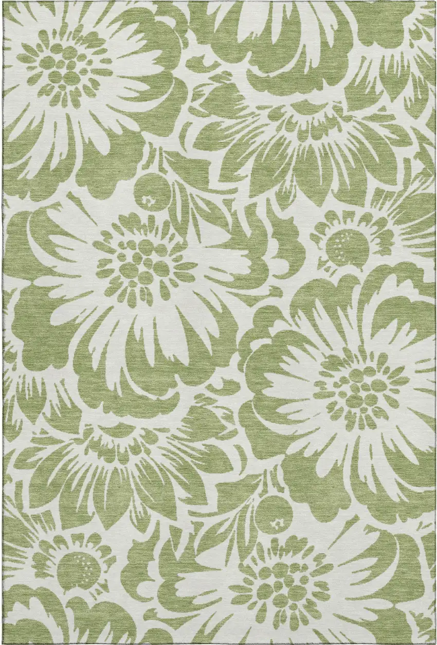 Fern Green And Ivory Floral Washable Area Rug With UV Protection Photo 1