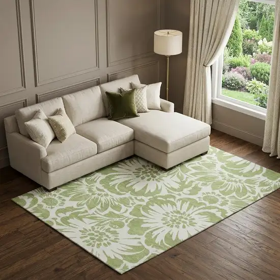 Fern Green And Ivory Floral Washable Area Rug With UV Protection Photo 1