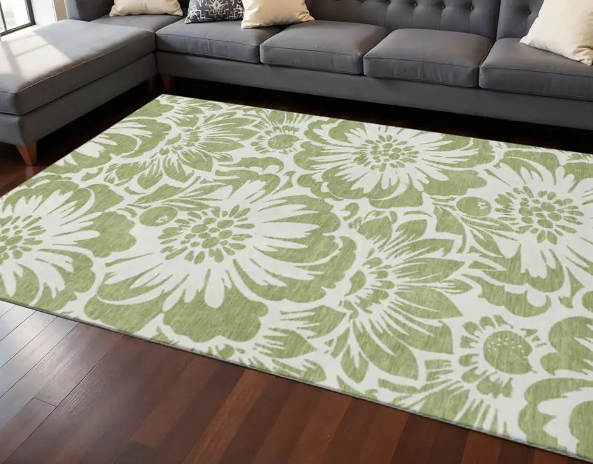 Fern Green And Ivory Floral Washable Area Rug With UV Protection Photo 2