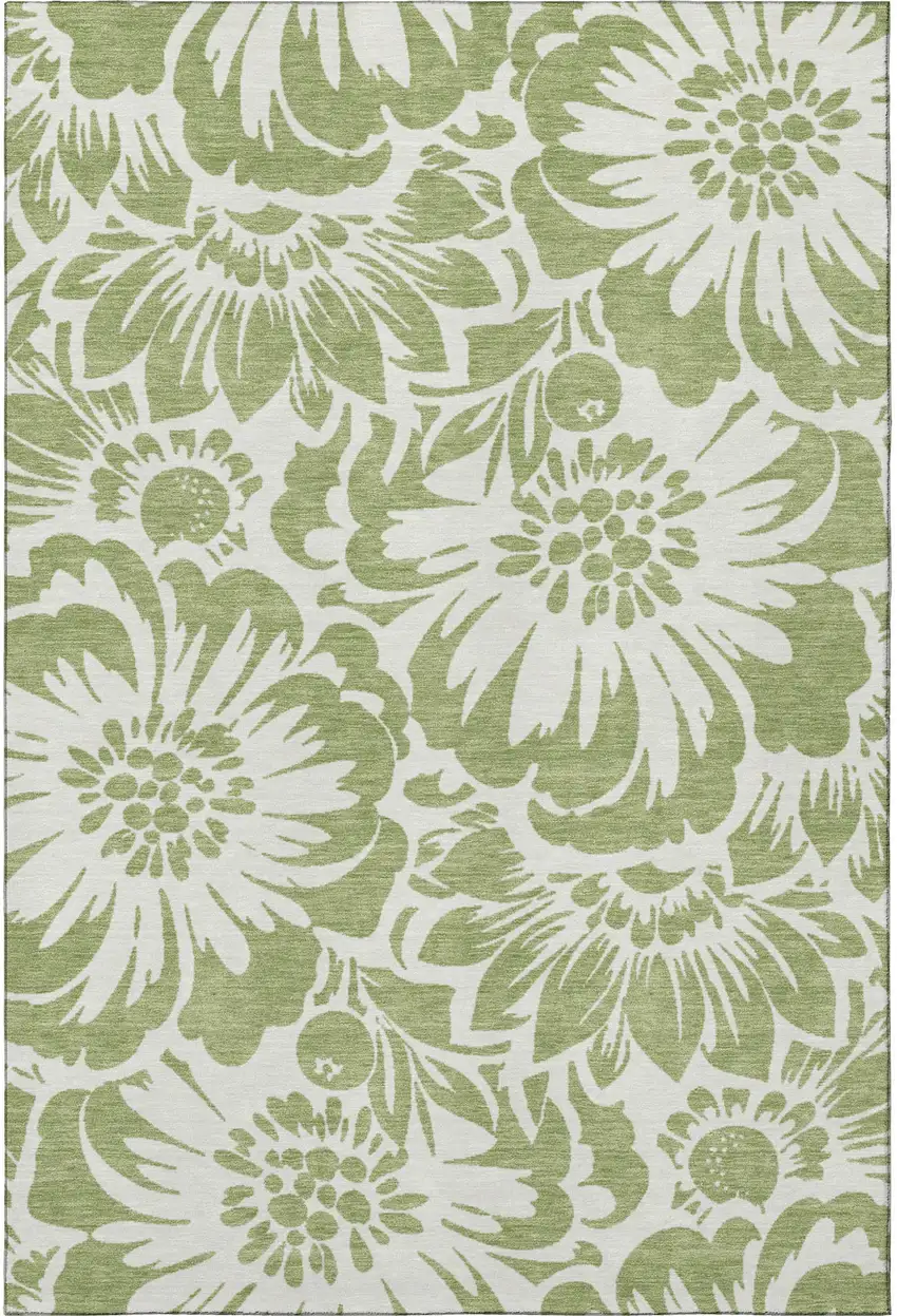 Fern Green And Ivory Floral Washable Area Rug With UV Protection Photo 4