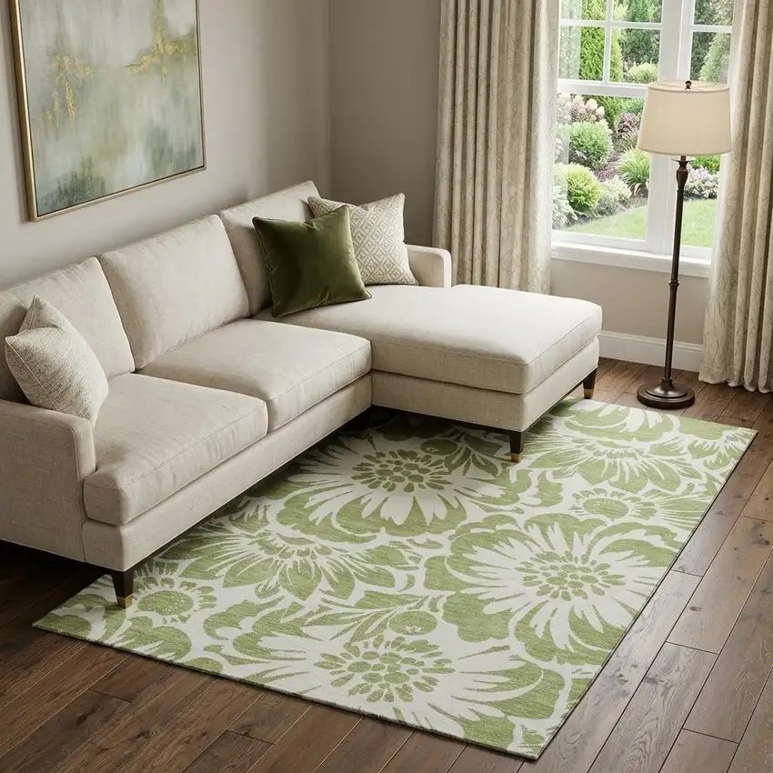 Fern Green And Ivory Floral Washable Area Rug With UV Protection Photo 1