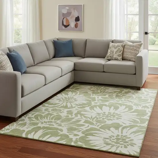 Fern Green And Ivory Floral Washable Area Rug With UV Protection Photo 1