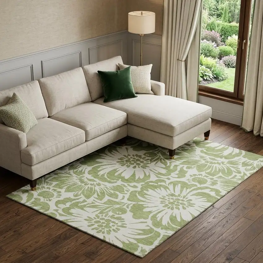 Fern Green And Ivory Floral Washable Area Rug With UV Protection Photo 1