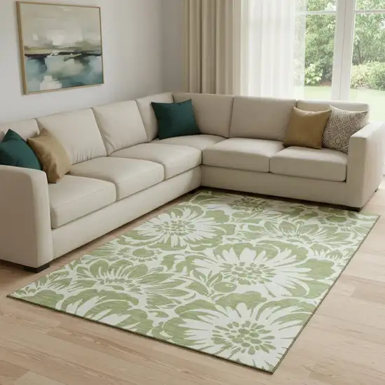 Fern Green And Ivory Floral Washable Area Rug With UV Protection Photo 1