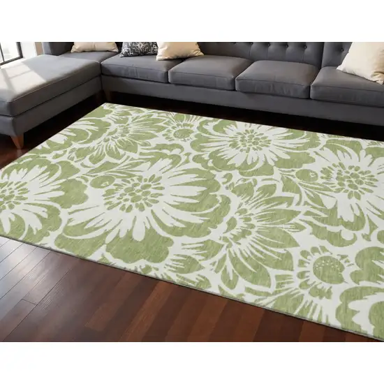 Fern Green And Ivory Floral Washable Area Rug With UV Protection Photo 2