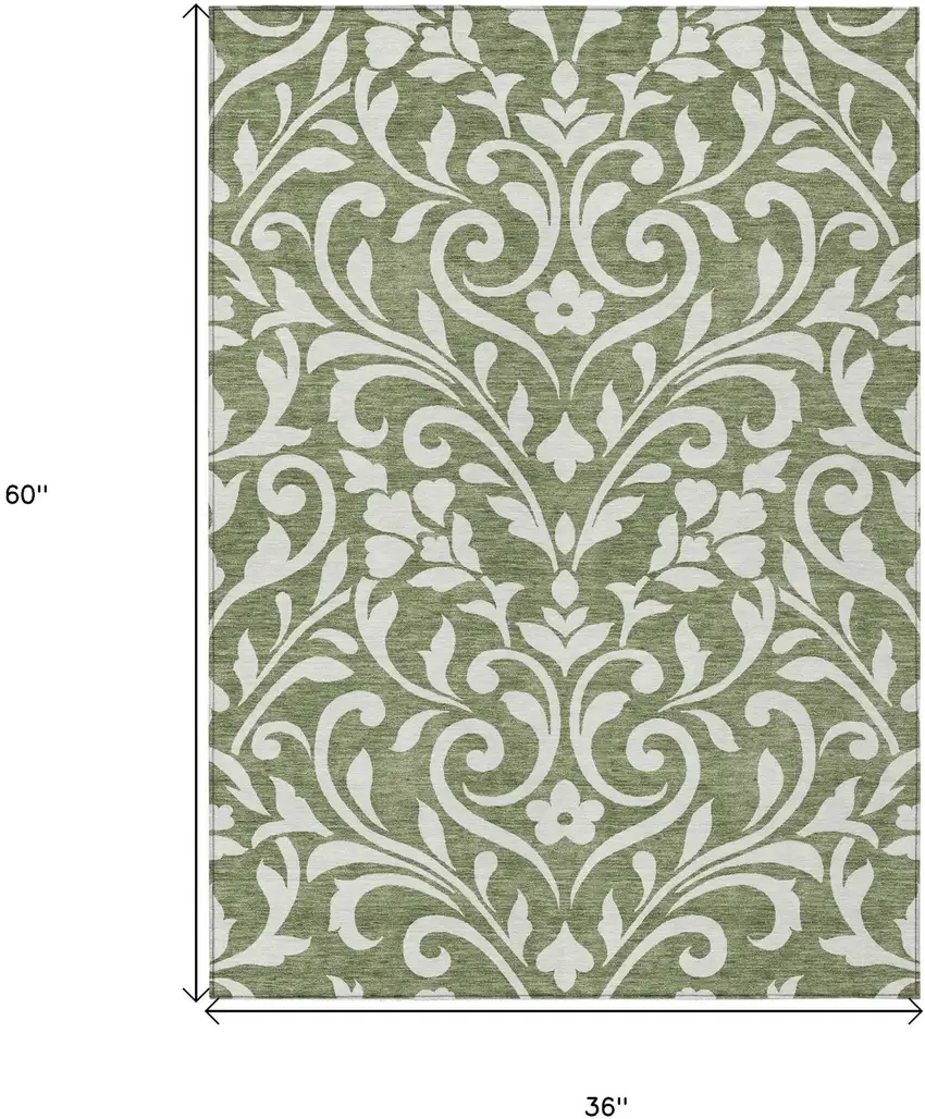 Fern Green And Ivory Floral Washable Indoor Outdoor Area Rug Photo 3