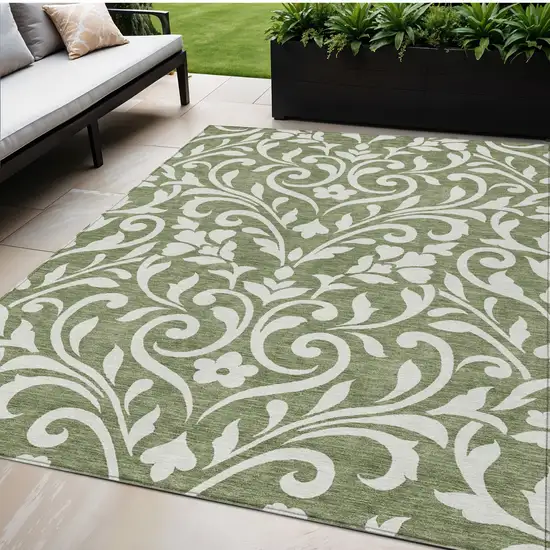Fern Green And Ivory Floral Washable Indoor Outdoor Area Rug Photo 1