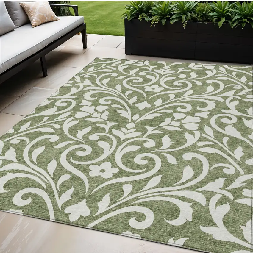 Fern Green And Ivory Floral Washable Indoor Outdoor Area Rug Photo 1