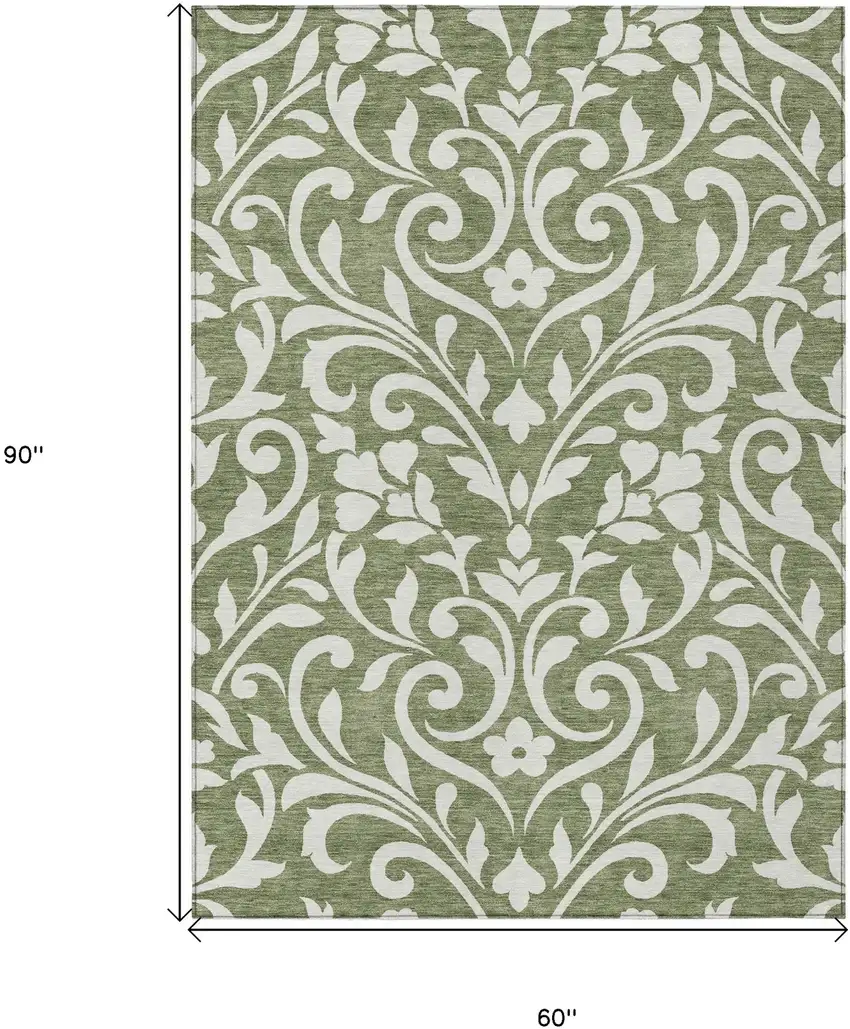 Fern Green And Ivory Floral Washable Indoor Outdoor Area Rug Photo 3