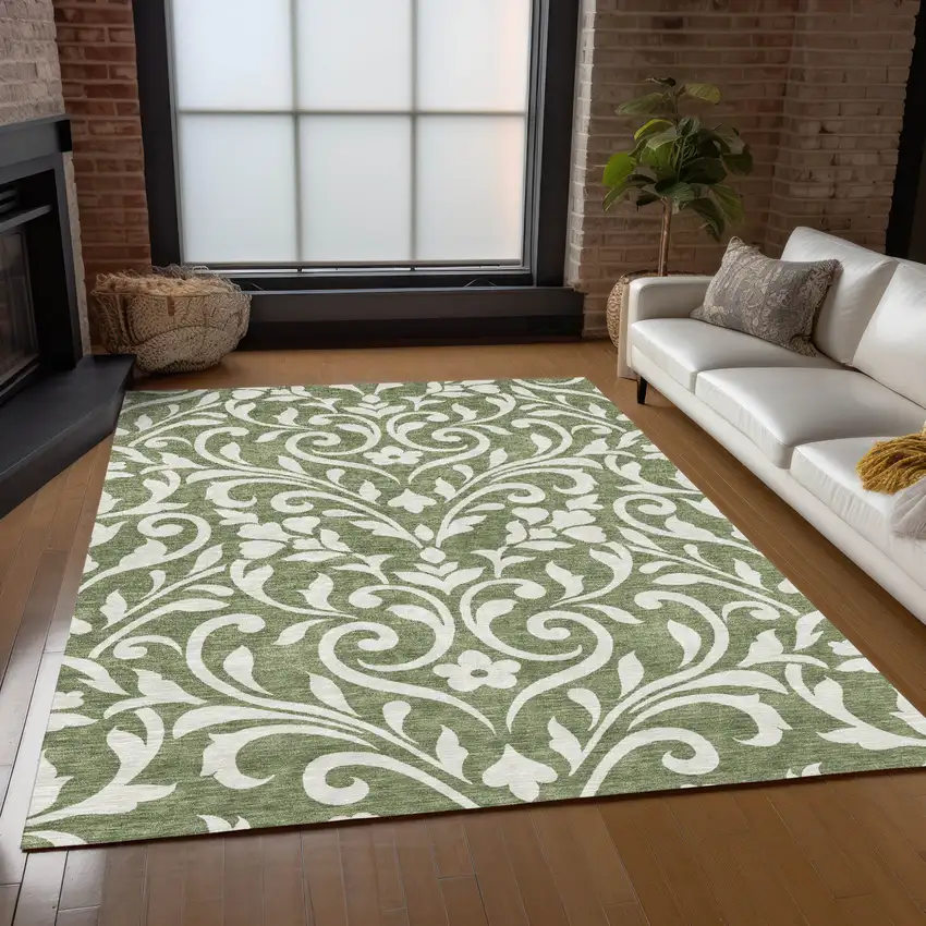 Fern Green And Ivory Floral Washable Indoor Outdoor Area Rug Photo 9