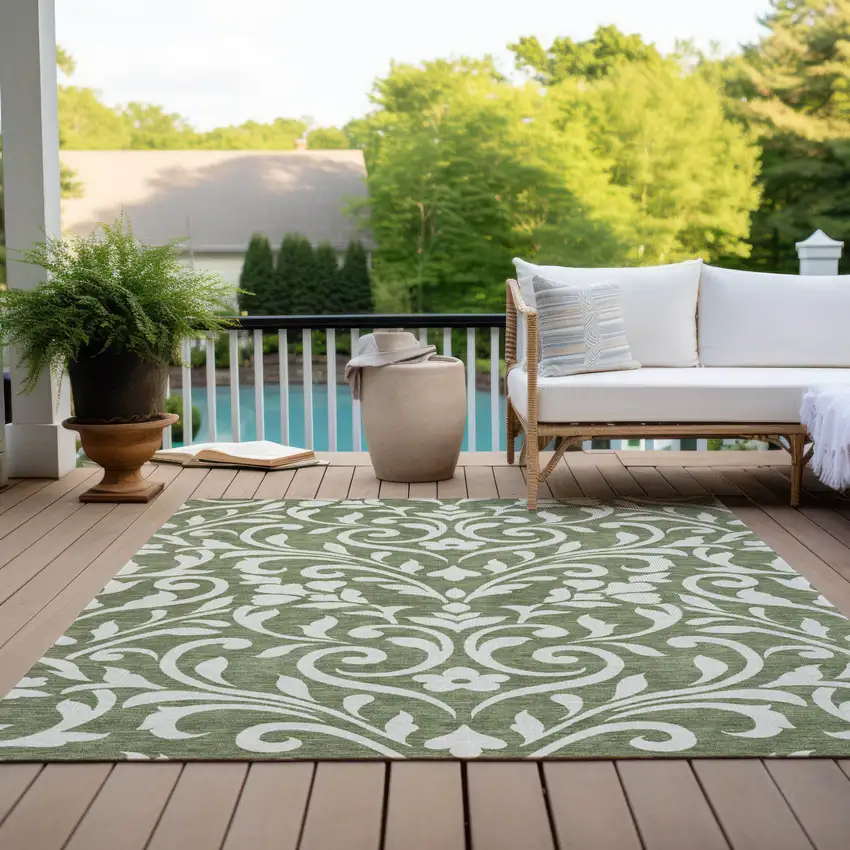 Fern Green And Ivory Floral Washable Indoor Outdoor Area Rug Photo 9