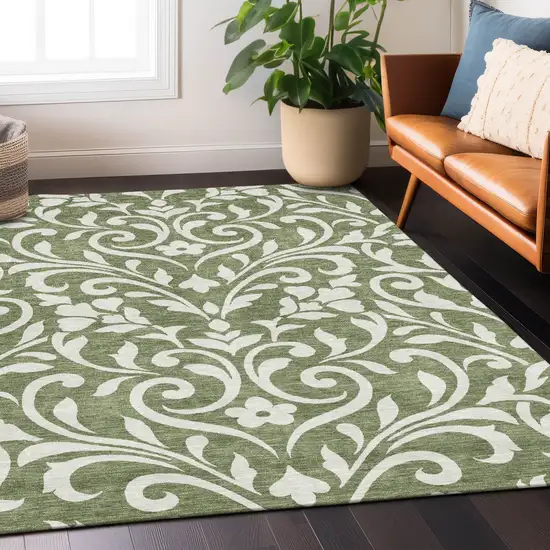 Fern Green And Ivory Floral Washable Indoor Outdoor Area Rug Photo 8