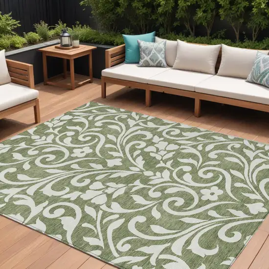 Fern Green And Ivory Floral Washable Indoor Outdoor Area Rug Photo 1