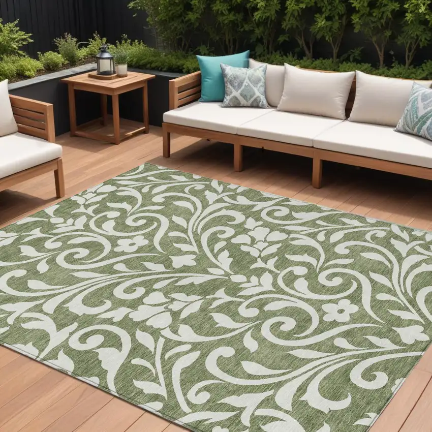 Fern Green And Ivory Floral Washable Indoor Outdoor Area Rug Photo 1