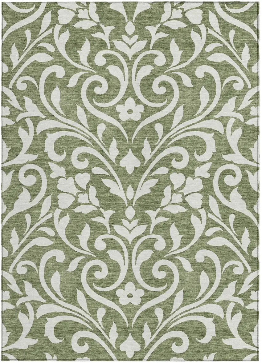 Fern Green And Ivory Floral Washable Indoor Outdoor Area Rug Photo 6