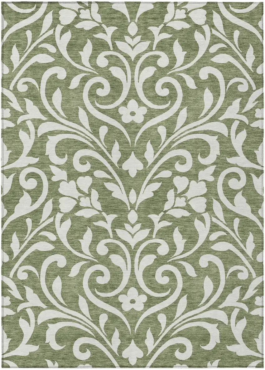 Fern Green And Ivory Floral Washable Indoor Outdoor Area Rug Photo 2