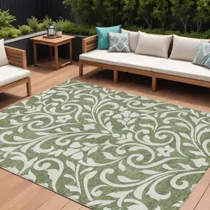 Photo of Fern Green And Ivory Floral Washable Indoor Outdoor Area Rug
