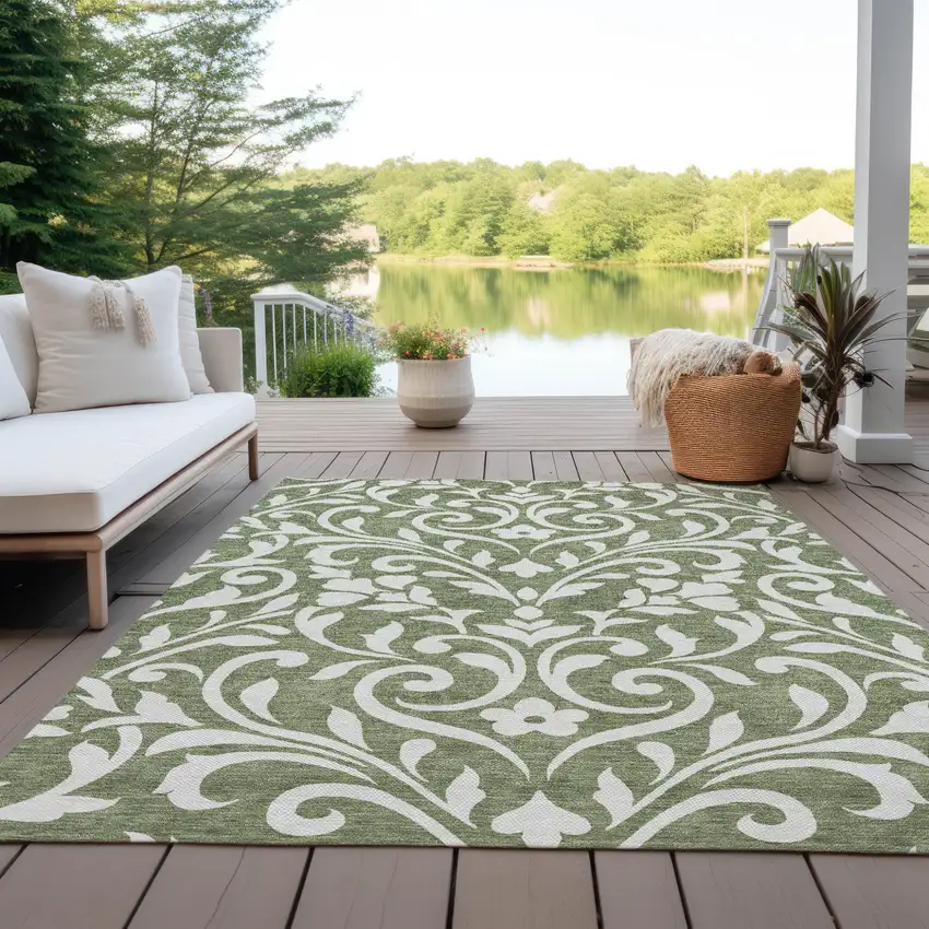 Fern Green And Ivory Floral Washable Indoor Outdoor Area Rug Photo 8