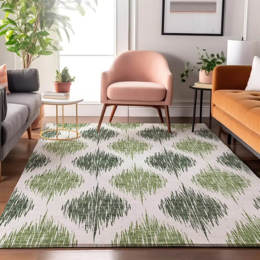 Fern Green And Ivory Ikat Washable Area Rug With UV Protection Photo 4