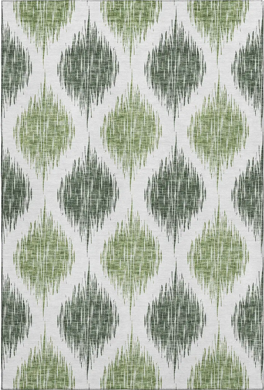 Fern Green And Ivory Ikat Washable Area Rug With UV Protection Photo 1