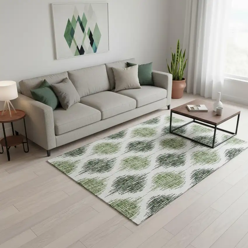 Fern Green And Ivory Ikat Washable Area Rug With UV Protection Photo 2