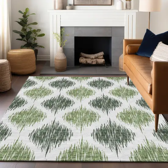 Fern Green And Ivory Ikat Washable Area Rug With UV Protection Photo 5