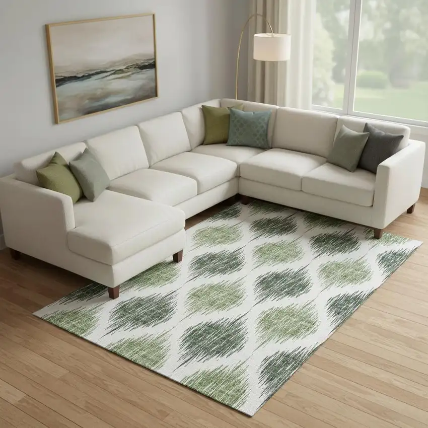 Fern Green And Ivory Ikat Washable Area Rug With UV Protection Photo 1