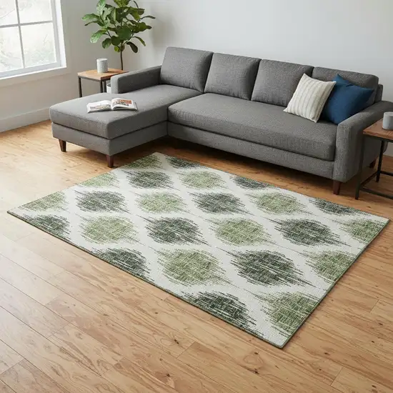 Fern Green And Ivory Ikat Washable Area Rug With UV Protection Photo 2