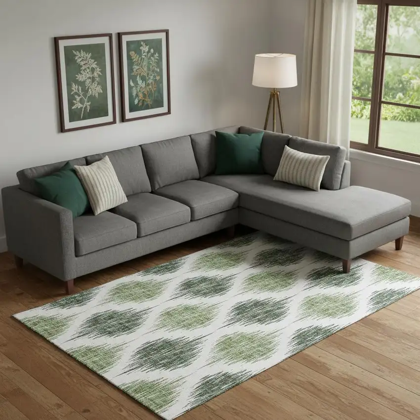 Fern Green And Ivory Ikat Washable Area Rug With UV Protection Photo 1