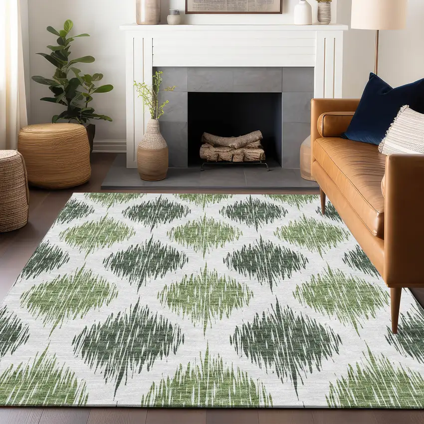 Fern Green And Ivory Ikat Washable Area Rug With UV Protection Photo 5