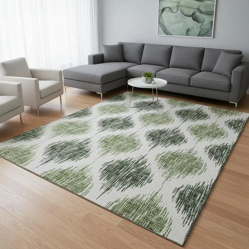 Fern Green And Ivory Ikat Washable Area Rug With UV Protection Photo 2