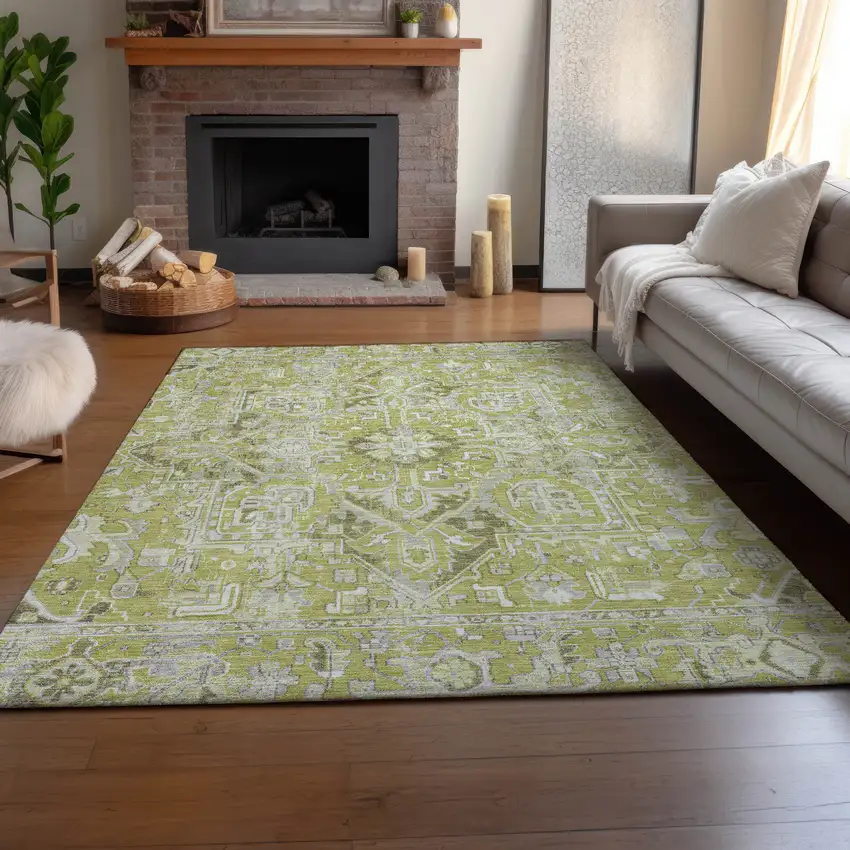 Fern Green And Ivory Oriental Washable Area Rug With UV Protection Photo 6