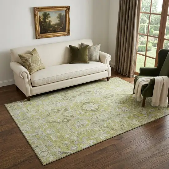 Fern Green And Ivory Oriental Washable Area Rug With UV Protection Photo 1