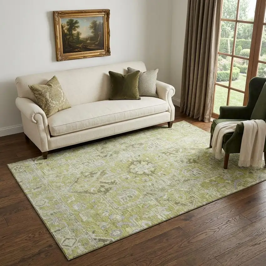 Fern Green And Ivory Oriental Washable Area Rug With UV Protection Photo 1