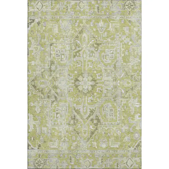 Fern Green And Ivory Oriental Washable Area Rug With UV Protection Photo 1