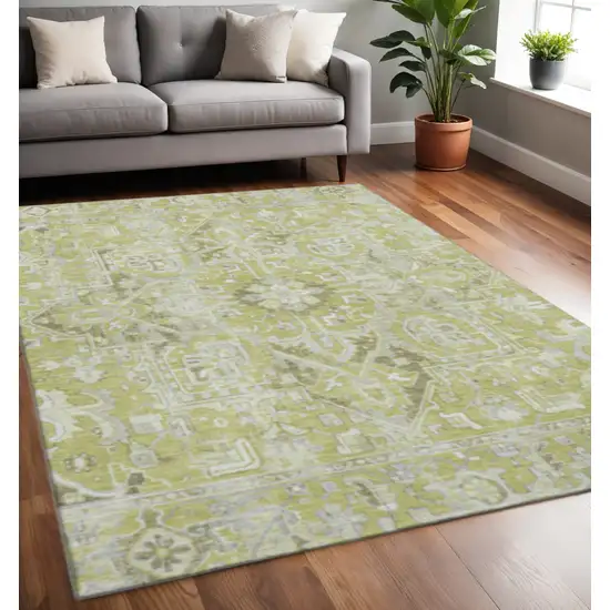 Fern Green And Ivory Oriental Washable Area Rug With UV Protection Photo 2
