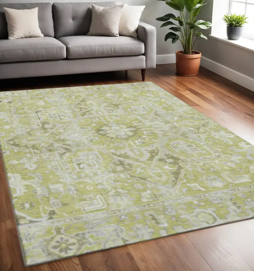 Fern Green And Ivory Oriental Washable Area Rug With UV Protection Photo 2