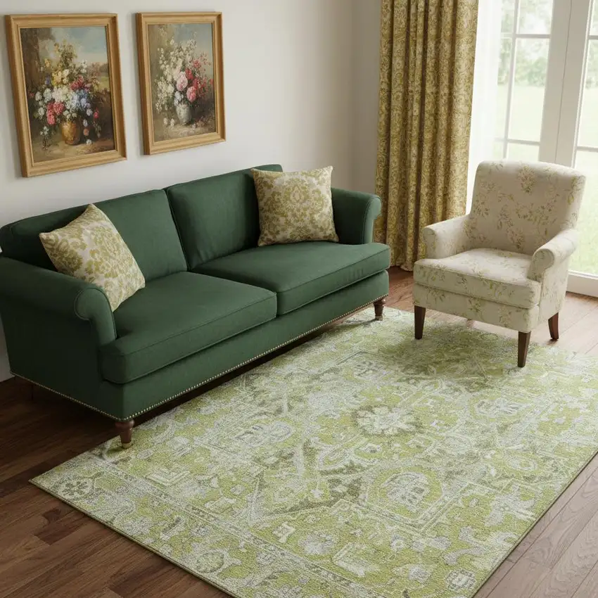 Fern Green And Ivory Oriental Washable Area Rug With UV Protection Photo 1