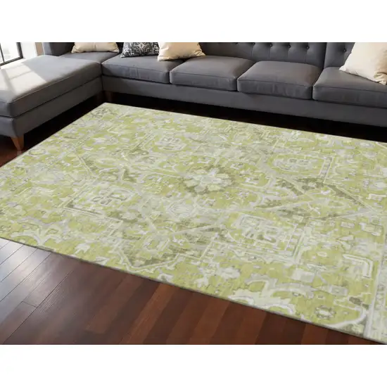 Fern Green And Ivory Oriental Washable Area Rug With UV Protection Photo 2