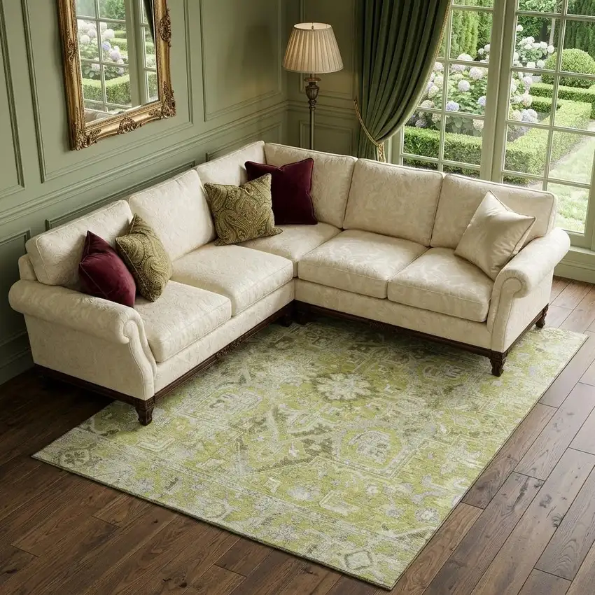 Fern Green And Ivory Oriental Washable Area Rug With UV Protection Photo 1
