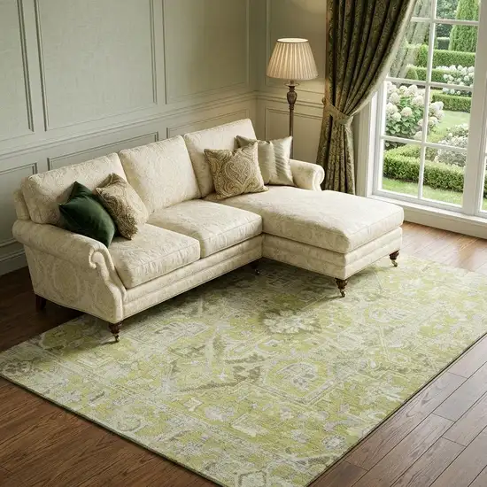 Fern Green And Ivory Oriental Washable Area Rug With UV Protection Photo 1