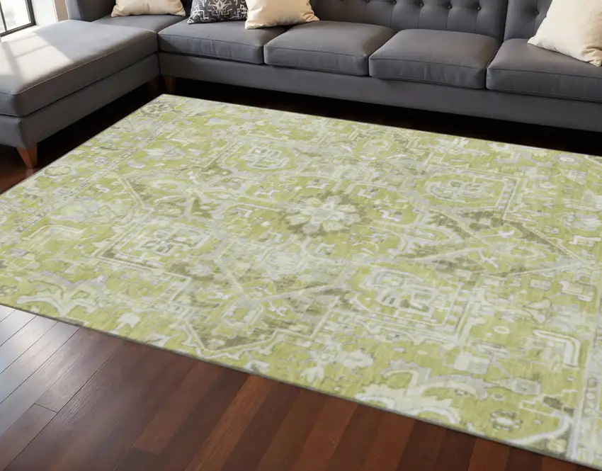 Fern Green And Ivory Oriental Washable Area Rug With UV Protection Photo 2