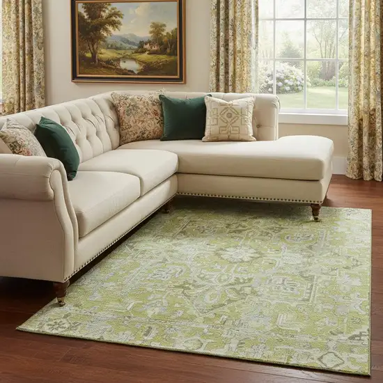 Fern Green And Ivory Oriental Washable Area Rug With UV Protection Photo 1