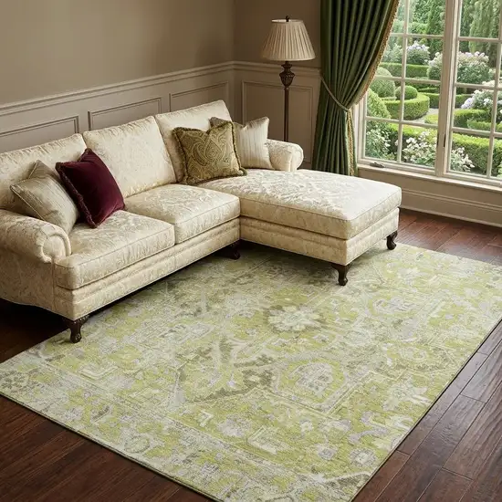 Fern Green And Ivory Oriental Washable Area Rug With UV Protection Photo 1