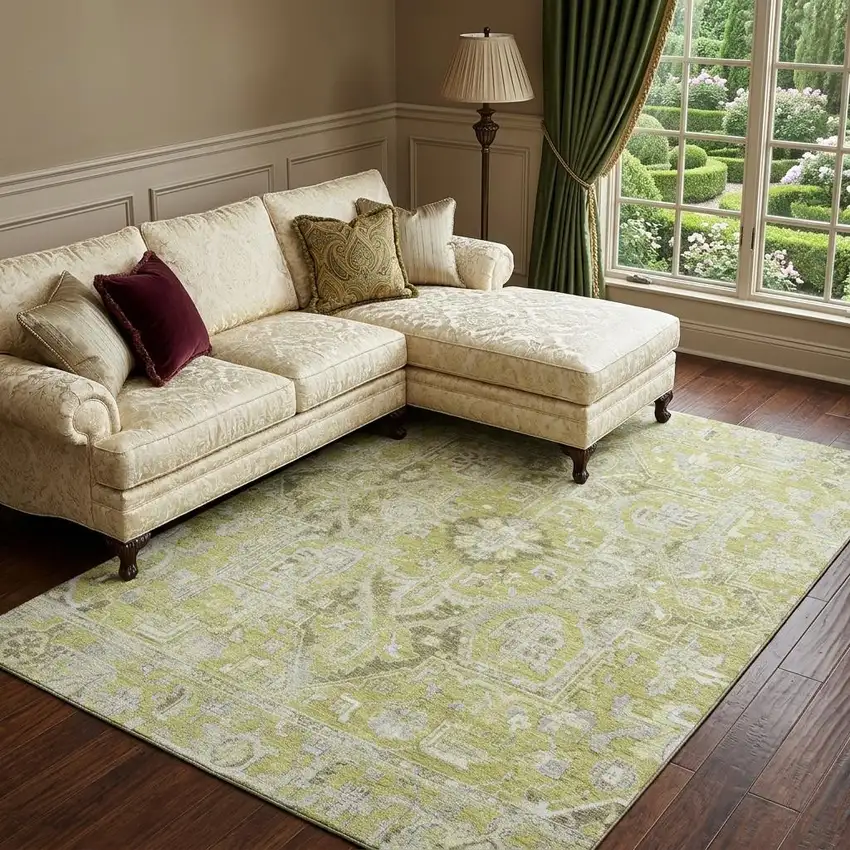 Fern Green And Ivory Oriental Washable Area Rug With UV Protection Photo 1