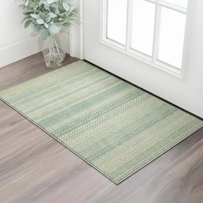 Fern Green And Ivory Striped Washable Area Rug With UV Protection Photo 2
