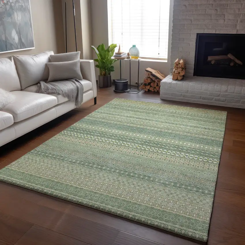 Fern Green And Ivory Striped Washable Area Rug With UV Protection Photo 5