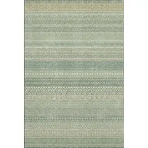 Photo of Fern Green And Ivory Striped Washable Area Rug With UV Protection