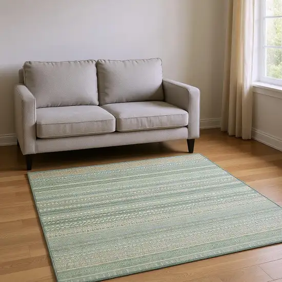 Fern Green And Ivory Striped Washable Area Rug With UV Protection Photo 2